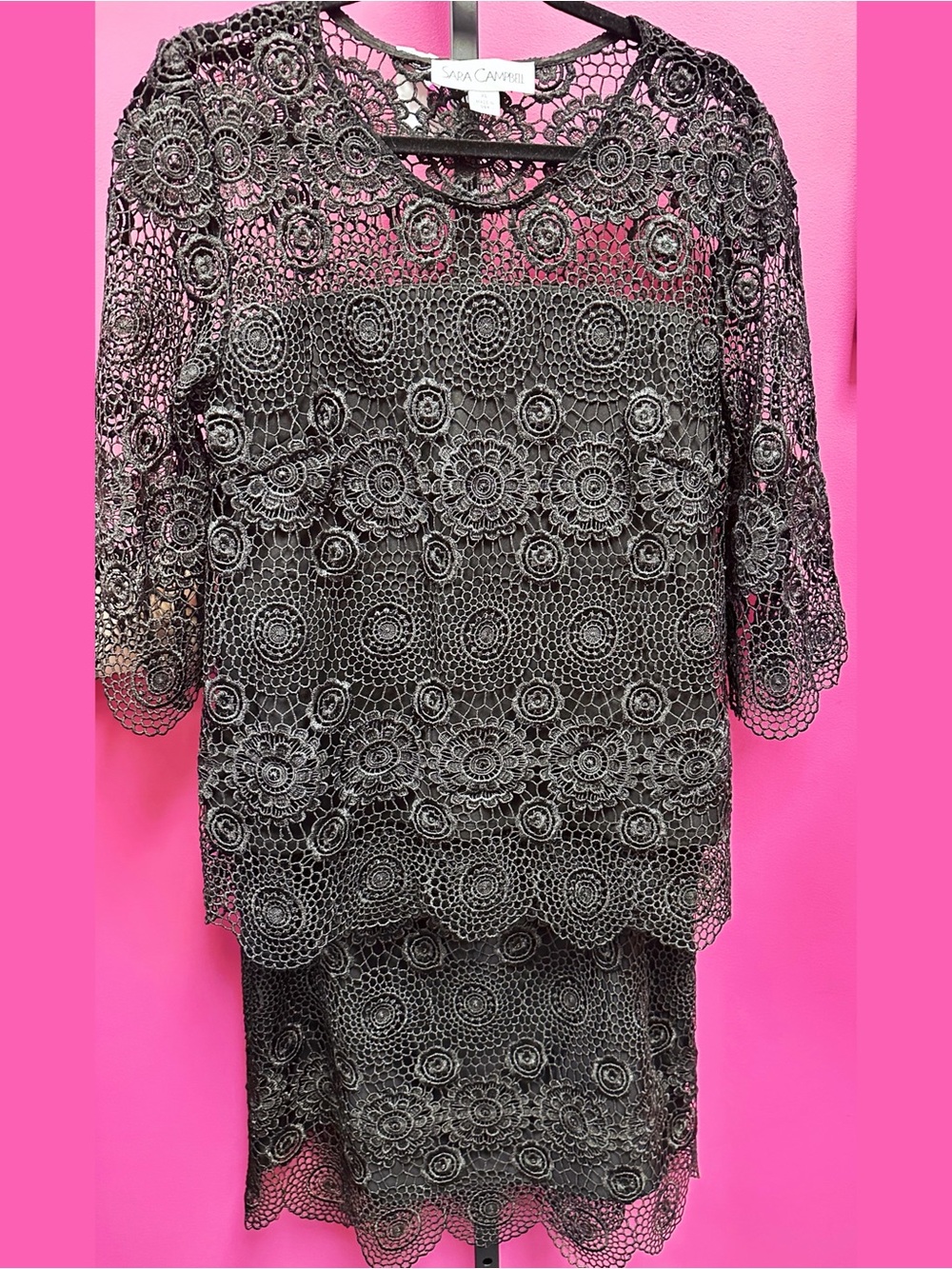 Sara Campbell Black 🖤 Crochet Lace Overlay 3/4 Sleeve Top w/ Matching Skirt NWT